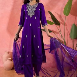 Sangria Floral Embroidered V-Neck Sequinned Straight Kurta With Pant And Dupatta-picture-31