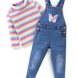 Babyhug 100% Cotton Knit Dungrees & Full Sleeves Top Stripes & Butterfly Applique - Yellow Pink & Blue-image-87