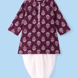 Babyhug Woven Full Sleeves Floral Printed Kurta Dhoti  Set - Wine-picture-20