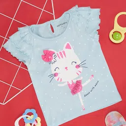 Pantaloons Baby Frill Half Sleeves Polka Dots & Kitty Printed Tee - Blue-picture-29