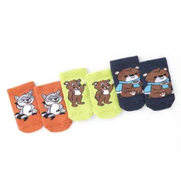 Cute Walk by Babyhug Knit Anti-Bacterial Ankle Length Socks with Raccoon & Bear Design Pack of 3 - Orange Green & Blue-picture-28