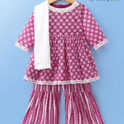 Babyoye Cotton Woven Three Fourth Sleeves Kurta Gharara Set with Dupatta Floral Print - Fuschia-picture-13