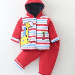 Cucumber Sinker Knit Full Sleeves Hoodie & Lounge Pants Set With Stripes & Animal Embroidery - Red-picture-18
