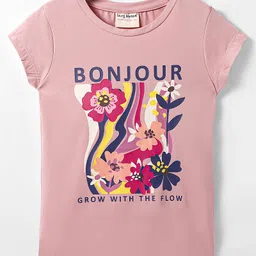 Lazy Bones Sinker Knit Half Sleeves T-Shirt with Floral & Bonjour Text Print - Pink-picture-18