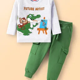 Babyhug Single Jersey Knit Full Sleeves T-Shirt & Lounge Pant Set With Crocodile & Text Print - White & Green-picture-10