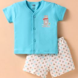 Pink Rabbit Interlock Knit Half Sleeves Shorts Night Suit with Bear Print - Blue-picture-13
