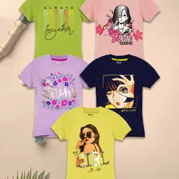 3PIN Cotton Single Jersey Pack Of 5 Half Sleeves Floral & Girls Printed Tees - Multi Colour-picture-25