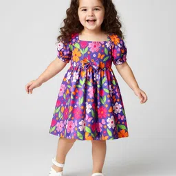 Babyhug Cotton Knit Puffed Sleeves Frock with Floral Print - Purple & Pink-picture-19