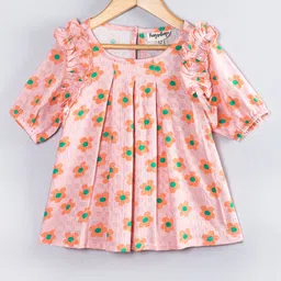 Hugsntugs Cotton Woven Half Sleeves Flower Printed Top - Pink-picture-18