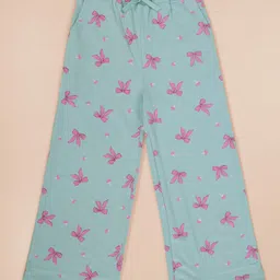 Kiddopanti Cotton Knit Floral & Bow Printed Pajama - Pista Green-picture-23