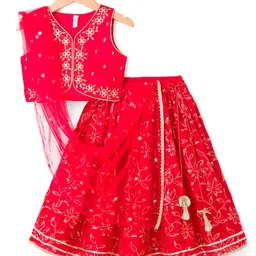 Babyhug Georgette Woven Half Sleeves Choli Lehenga & Dupatta Set with Floral Embroidery - Hot Pink-picture-32