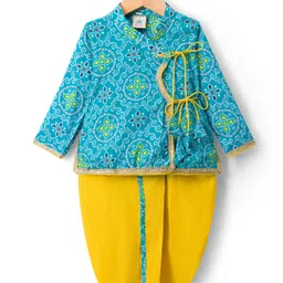 teentaare TEENTAAARE Cotton Woven Full Sleeves Kurta Dhoti Set With Bandhani Print - Turquoise & Yellow-picture-20