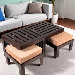 Ikiriya Irish Sheesham Wood Accent Coffee Table Set / Center Table / Sofa Table with 2 Stools in Dark Walnut Finish with Peach Velvet Cushions-picture-14