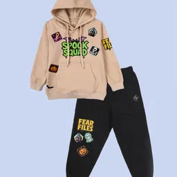 Kiddopanti Fleece Knit Halloween Theme Full Sleeves Spook Squad Text Printed Hooded Light Winter Sweatshirt & Track Pants Set - Beige & Black-picture-15