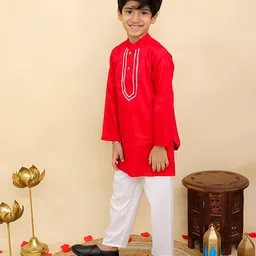 AJ Dezines Cotton Woven Full Sleeves Gotta Lace Embellished Kurta Pyjama Set - Red image 5