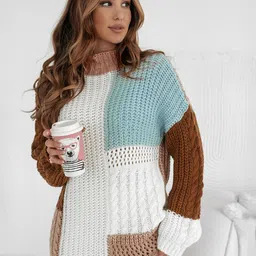 Errabelly Women Colourblocked Open Knit Mock Collar Pullover image 5