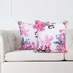 SWAYAM Set of 2 Printed 160 TC Pure Cotton White,Pink Ethnic Motif Cushion Cover image 1