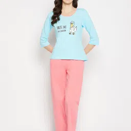 Clovia Blue & Pink Printed T-Shirt With Joggers image 1
