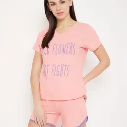 Clovia Pink Graphic Print Top With Shorts-image-5