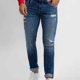 Spykar Blue Slim Fit Distressed Jeans image 1