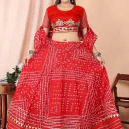 huuhambay Bandhani Printed Traditional Kota Doria Semi Stitched Lehenga & Dupatta image 2