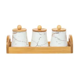White Gold White & Brown Porcelain Jar (0.27 L) with Tray - Set of 4 image 2