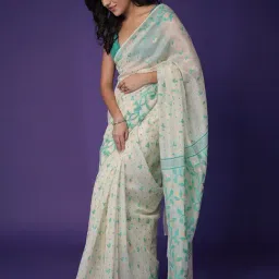 Zari Jaipur Green Cotton Woven Design Saare with Unstitched Blouse image 3