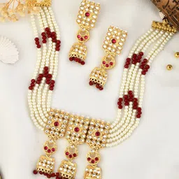 Silvermerc Designs Gold Plated Kundan Studded & Pearl Beaded Choker Jewellery Set-image-86