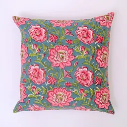Block N Style Green & Pink Floral Printed Square Cotton Cushion Cover-image-66