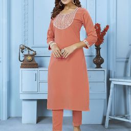 DIVASTRI Women Woven Design Embroidered Cotton Kurta with Trousers-picture-22