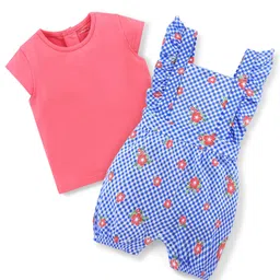 Babyhug Single Jersey Cotton Knit Checked Dungaree with Half Sleeves Tee Floral Print - Coral & Blue-image-86