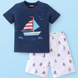 Babyhug Single Jersey Knit Half Sleeves Night Suit With Boat Print - Navy Blue & White-picture-30