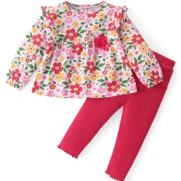 Babyhug Cotton Knit Full Sleeves Floral Printed Frill Detailed Top & Leggings Set - Red & White-image-46