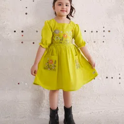 Tiny Twills Linen Three Fourth Sleeves Floral Embroidered Fit & Flared Dress - Lime Green-picture-11