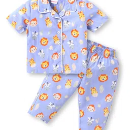 Babyhug PoplinWoven Half Sleeves Nightsuit With Animal Print - Light Blue-image-52
