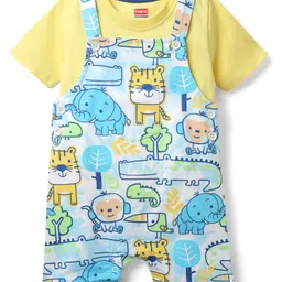 Babyhug Single Jersey Knit Half Sleeves T-Shirt & Dungaree With Animal Print - Light Blue & Yellow-picture-25