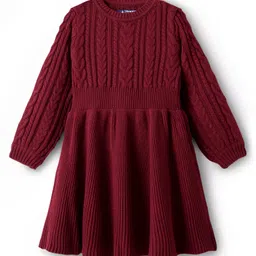 Pine Kids Knit Full Sleeves Woolen Dress with Cable Knit Design - Maroon-image-73