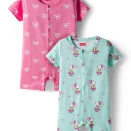 Babyhug 100% Cotton Interlock Knit Romper With Animal Print Pack Of 2 - Pink & Light Blue-image-50