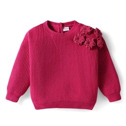 Babyhug Knit Full Sleeves Pullover Sweater with Floral Applique - Dark Pink-picture-2