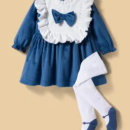 ToffyHouse Cotton Knit Full Sleeves Frock With Stocking & Frill & Bow Detailing - White & Blue-image-96
