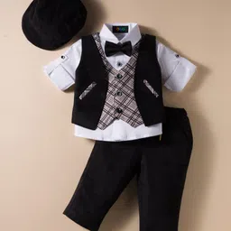 Robo Fry Cotton Woven Full Sleeves Checks 3 Piece Party Suit With Bow & Cap - Black-picture-19