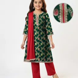 EARTHY TOUCH Brocade Woven Half Sleeves Kurta Salwar Set With Foil Floral Print & Dupatta - Green-picture-20