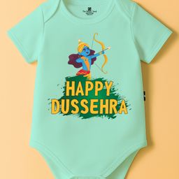 The Peppy Tend 100% Cotton Knit Dussehra Theme Half Sleeves Happy Dussehra Text Printed Onesie - Sea Green-picture-45