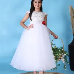 Toy Balloon Kids Net Woven Cap Sleeves Floral Applique Detailed Sequins Embellished Gown - White-picture-10