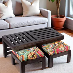 Ikiriya Irish Sheesham Wood Bohemian Coffee Table Set / Center Table / Sofa Table with 2 Stools in Dark Mahagony Finish with Israel Print Patchwork Kantha Cushions-picture-20