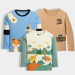 Orange Sugar 100% Cotton Knit Pack Of 3 Full Sleeves Animals & Dinosaurs Printed Tees - Multi Colour-picture-33