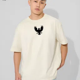 ANGERHOOD Graphic Eagle Printed Drop-Shoulder Sleeves Oversized Cotton T-shirt image 3