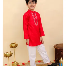 AJ Dezines Cotton Woven Full Sleeves Gotta Lace Embellished Kurta Pyjama Set - Red image 4