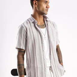bs blue squad Grey & White Vertical Striped Regular Fit Casual Shirt image 1