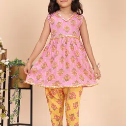 Cutiekins Girls Floral Printed V-Neck Gotta Patti A-Line Kurta With Dhoti Pants-image-62
